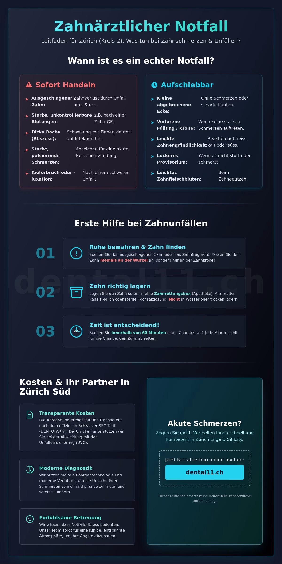 Notfall Zahnarzt 8002 Zürich: Schnelle Hilfe bei Dental11 in Enge & Sihlcity